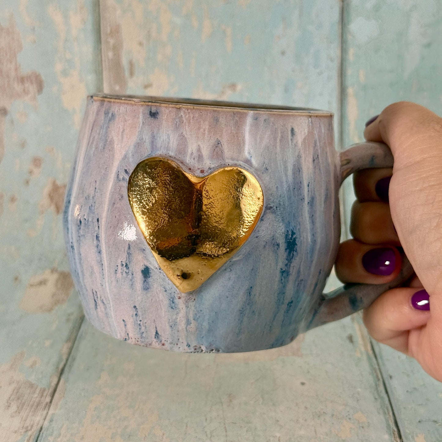 Purple Gold Heart Ceramic Mug, Large Pottery Cup