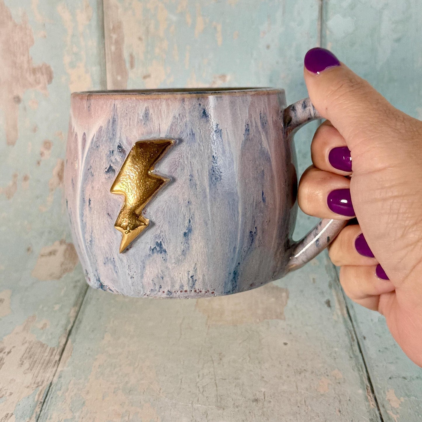 Lavender and Gold Lightning Bolt Mug, Handmade Ceramic Cup