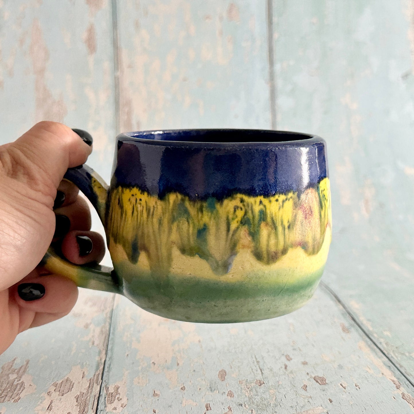 Blue and Yellow Ceramic Mug, Large Pottery Cup
