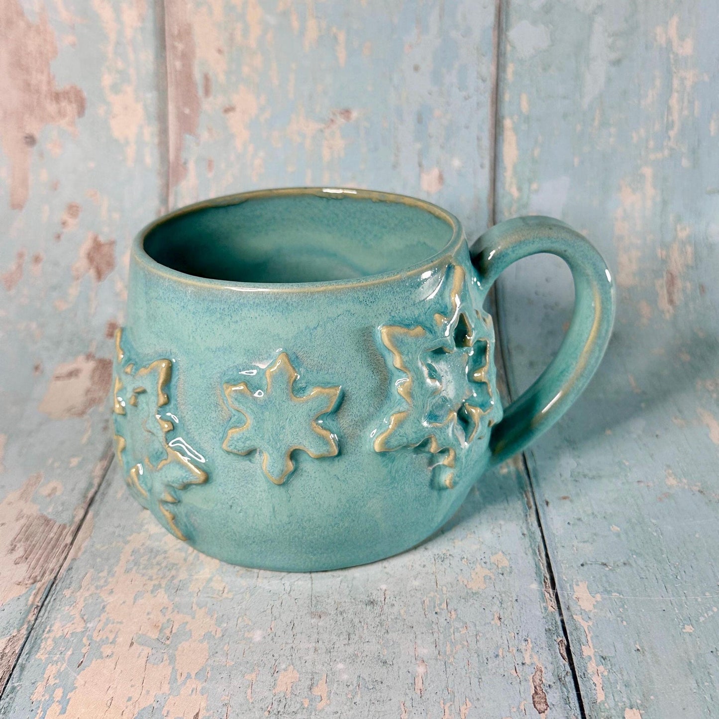 Turquoise Blue Christmas Snowflake Mug, Handmade Ceramic Cup