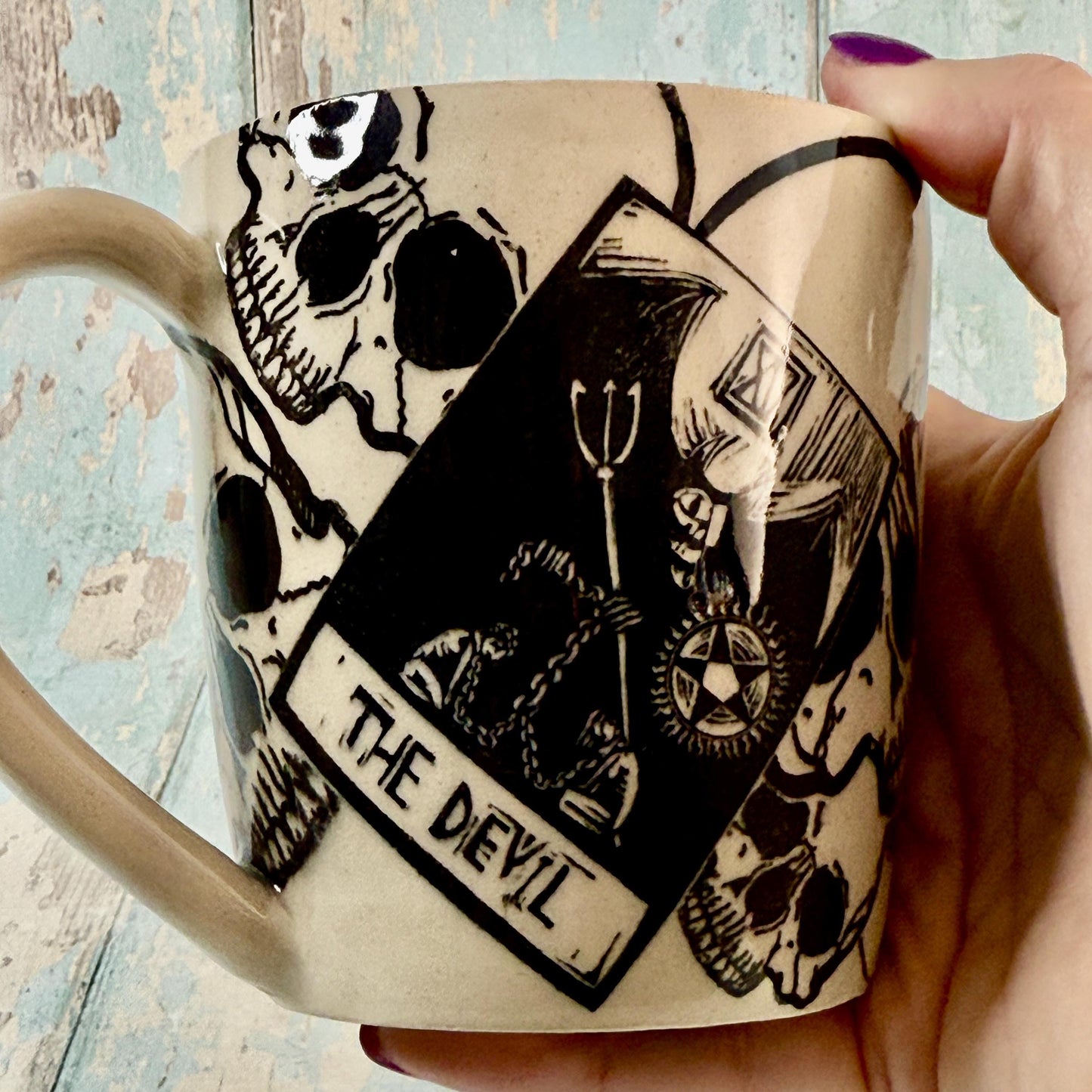 Black and White Tarot and Skull Mug, Large Ceramic Cup