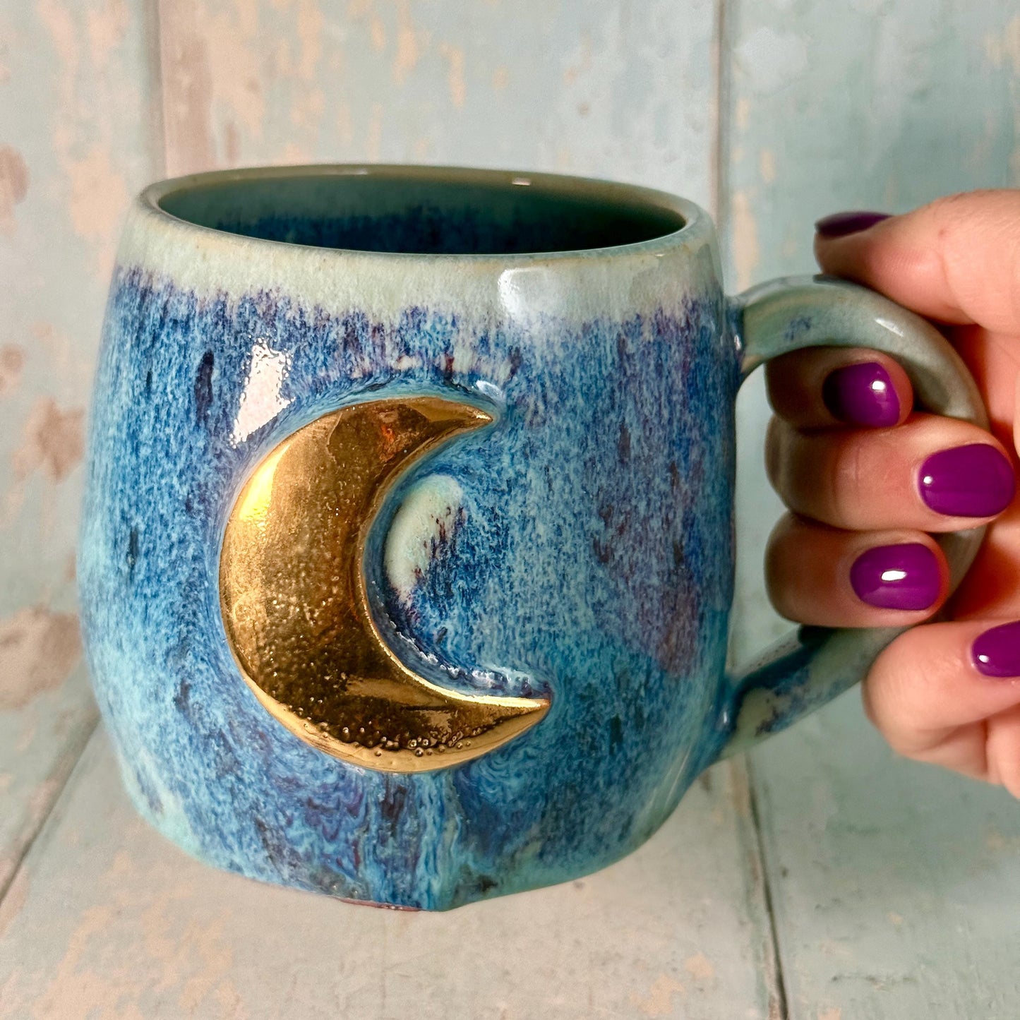 Purple and Turquoise Gold Moon Mug, Handmade Ceramic Mug