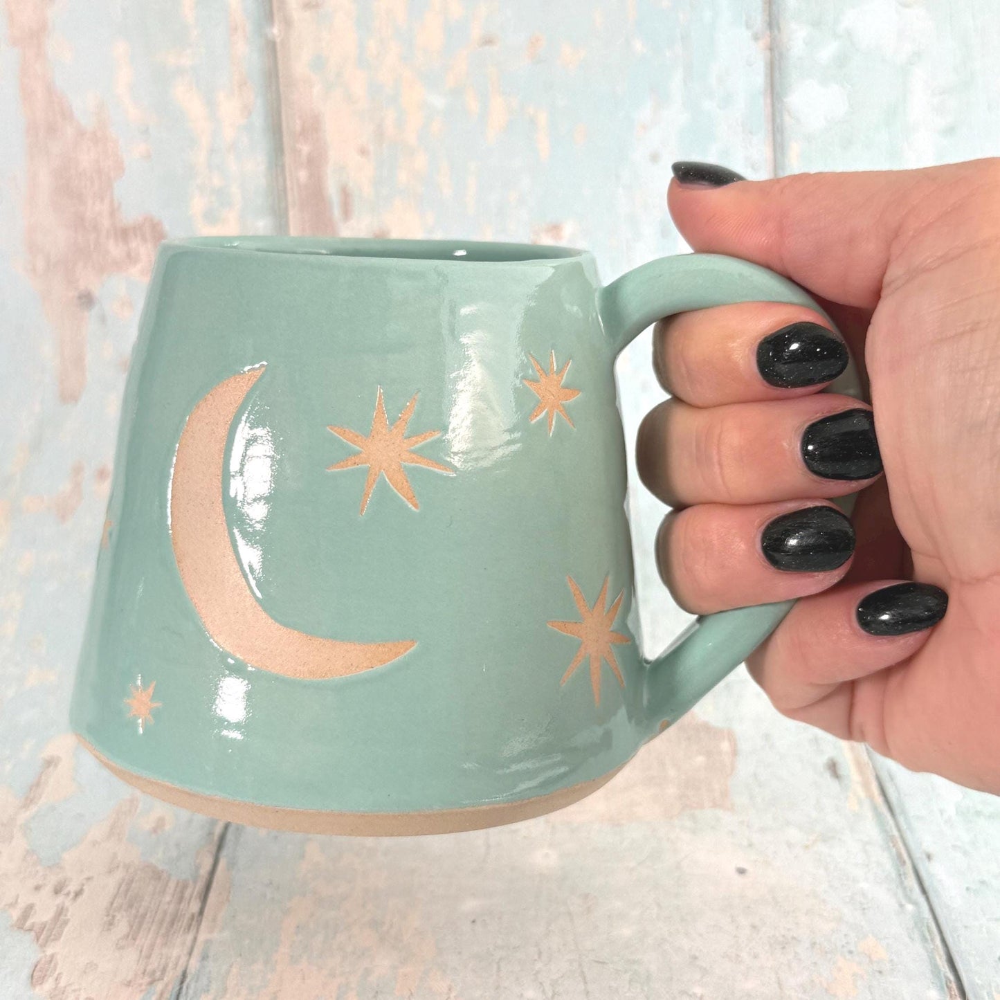 Turquoise Moon & Star Celestial Mug, Large Ceramic Cup