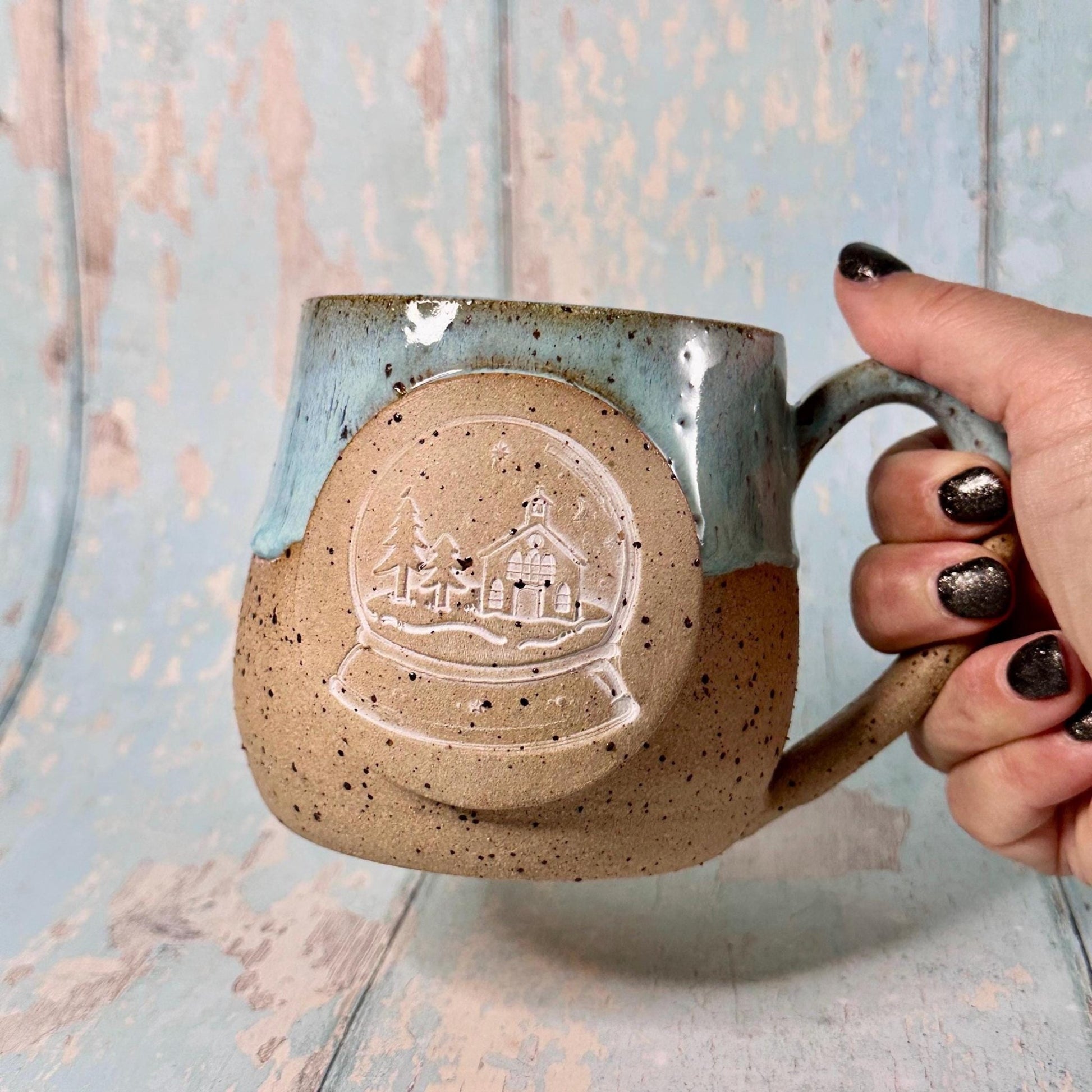 Aqua Blue Christmas Snow Globe Mug, Handmade Ceramic Cup - FJD Ceramics