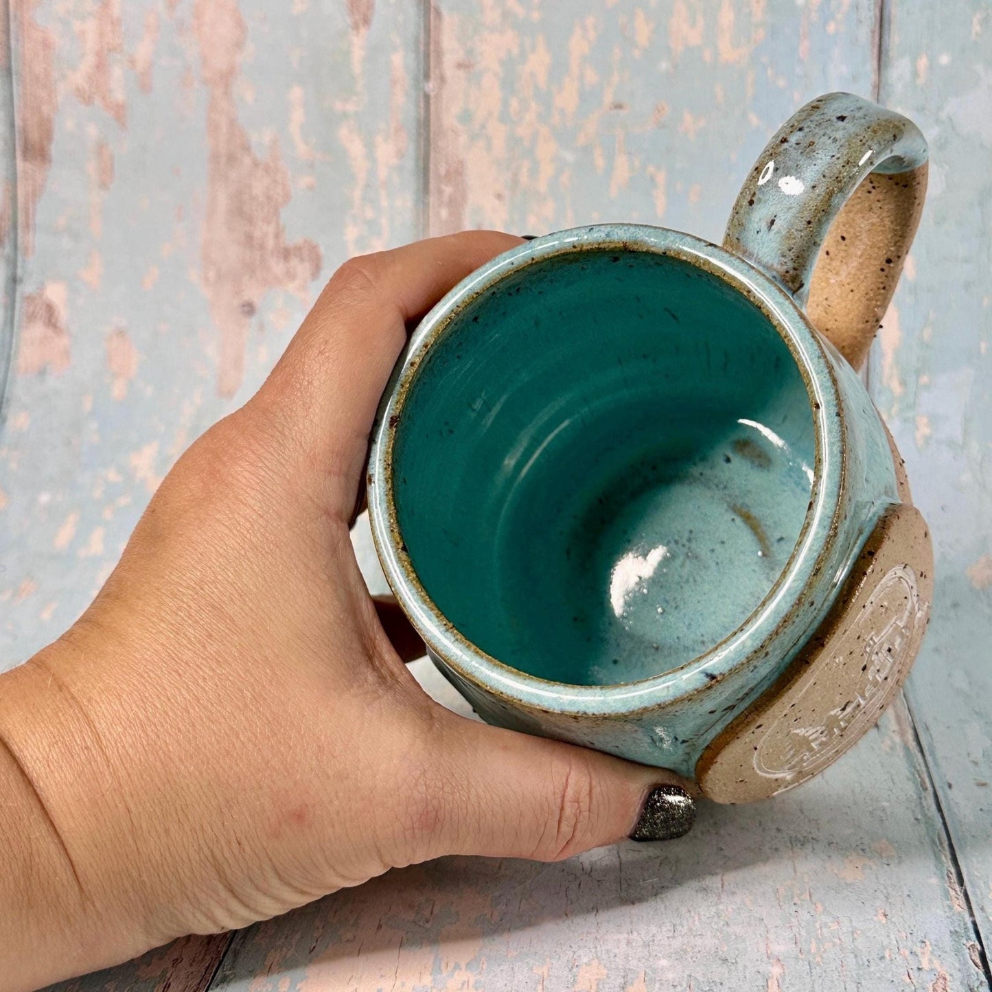 Aqua Blue Christmas Snow Globe Mug, Handmade Ceramic Cup - FJD Ceramics