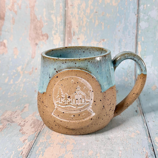 Aqua Blue Christmas Snow Globe Mug, Handmade Ceramic Cup - FJD Ceramics