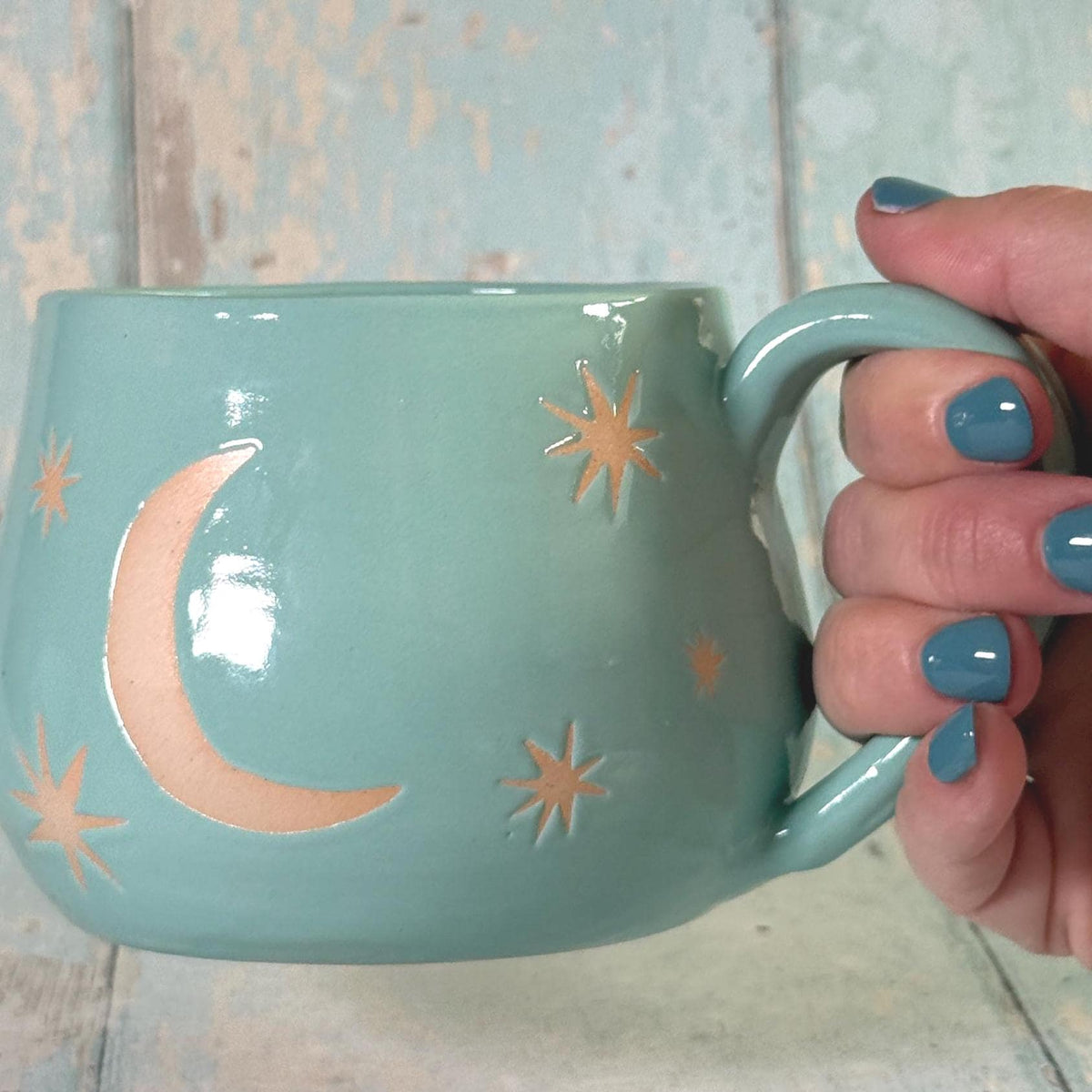Aqua Green Moon & Star Celestial Mug, Large Ceramic Cup - FJD Ceramics