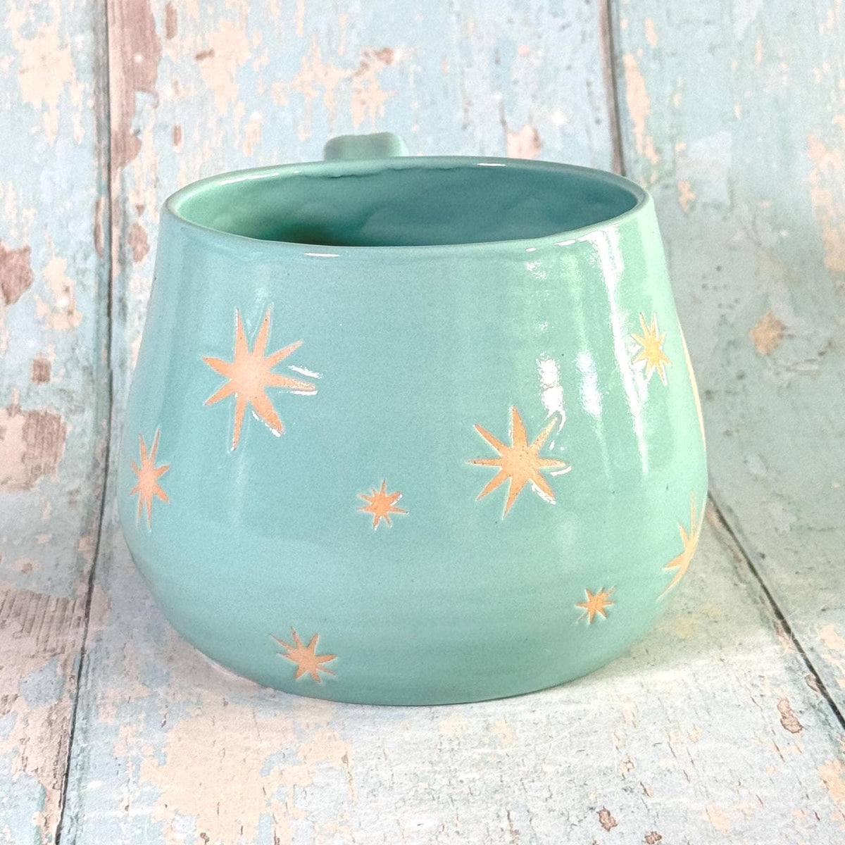 Aqua Green Moon & Star Celestial Mug, Large Ceramic Cup - FJD Ceramics