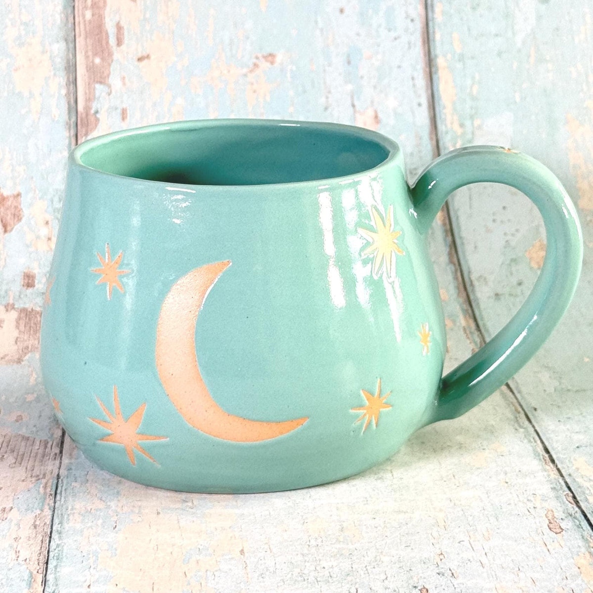 Aqua Green Moon & Star Celestial Mug, Large Ceramic Cup - FJD Ceramics