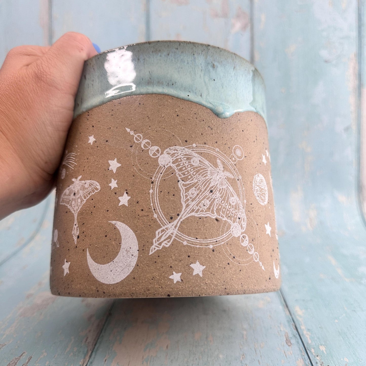 Aqua Green Moth and Moon Ceramic Planter, Indoor Plant Pot - FJD Ceramics