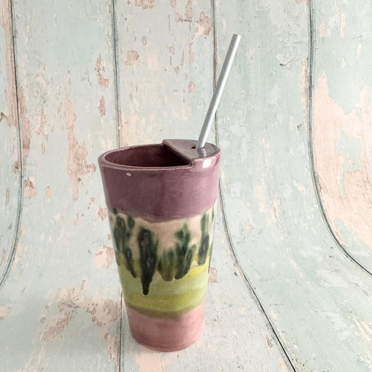 Purple and Green Straw-holder Tumbler, Large Ceramic Cup