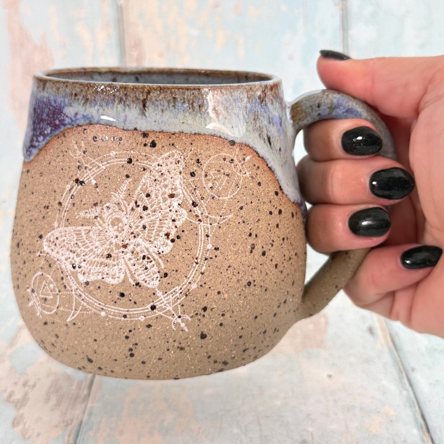 Purple Skull Moth Mug, Large Black Ceramic Cup