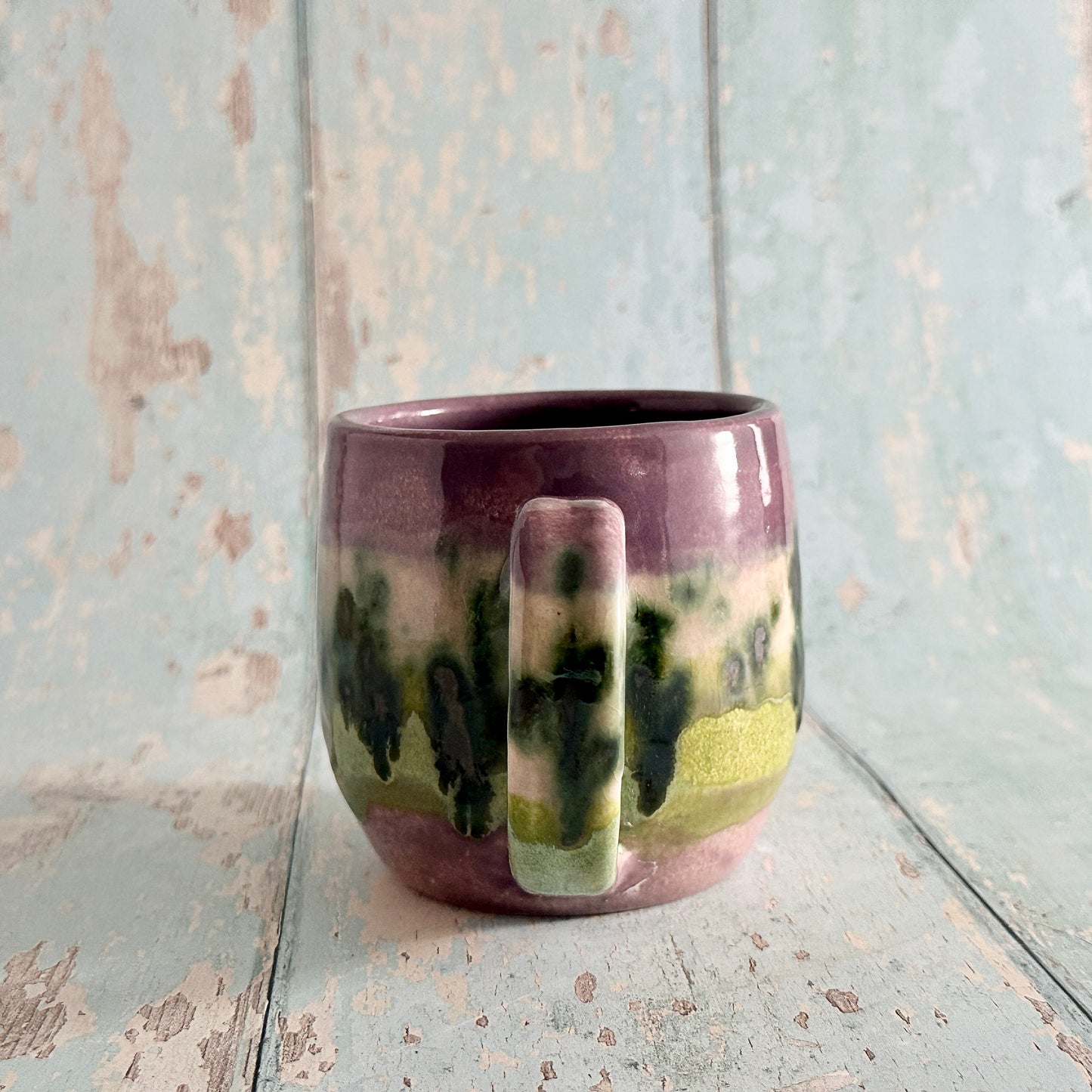 Handmade Purple and Green Mug, Drippy Glazed Ceramic Cup