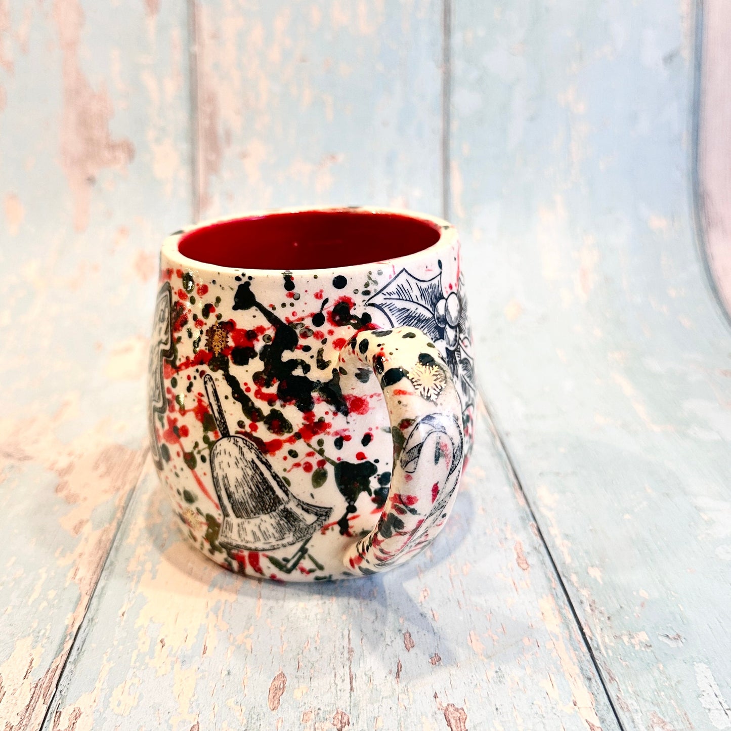 Large Christmas Mug, Handmade Ceramic Cup, Green Red Gold