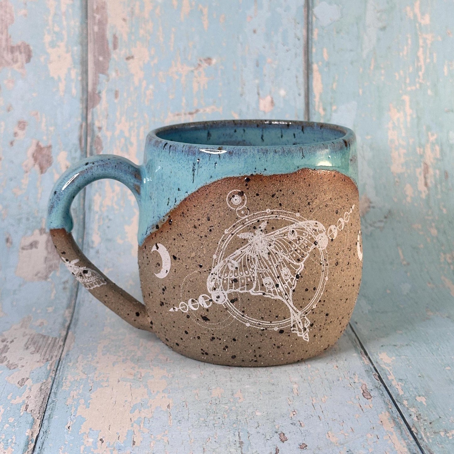 Turquoise Luna Moth Mug, Large Ceramic Cup