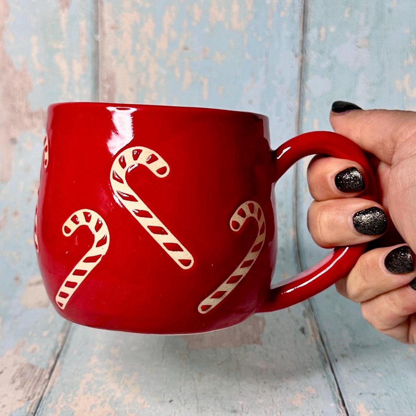Red Christmas Candy Cane Mug, Handmade Ceramic Cup