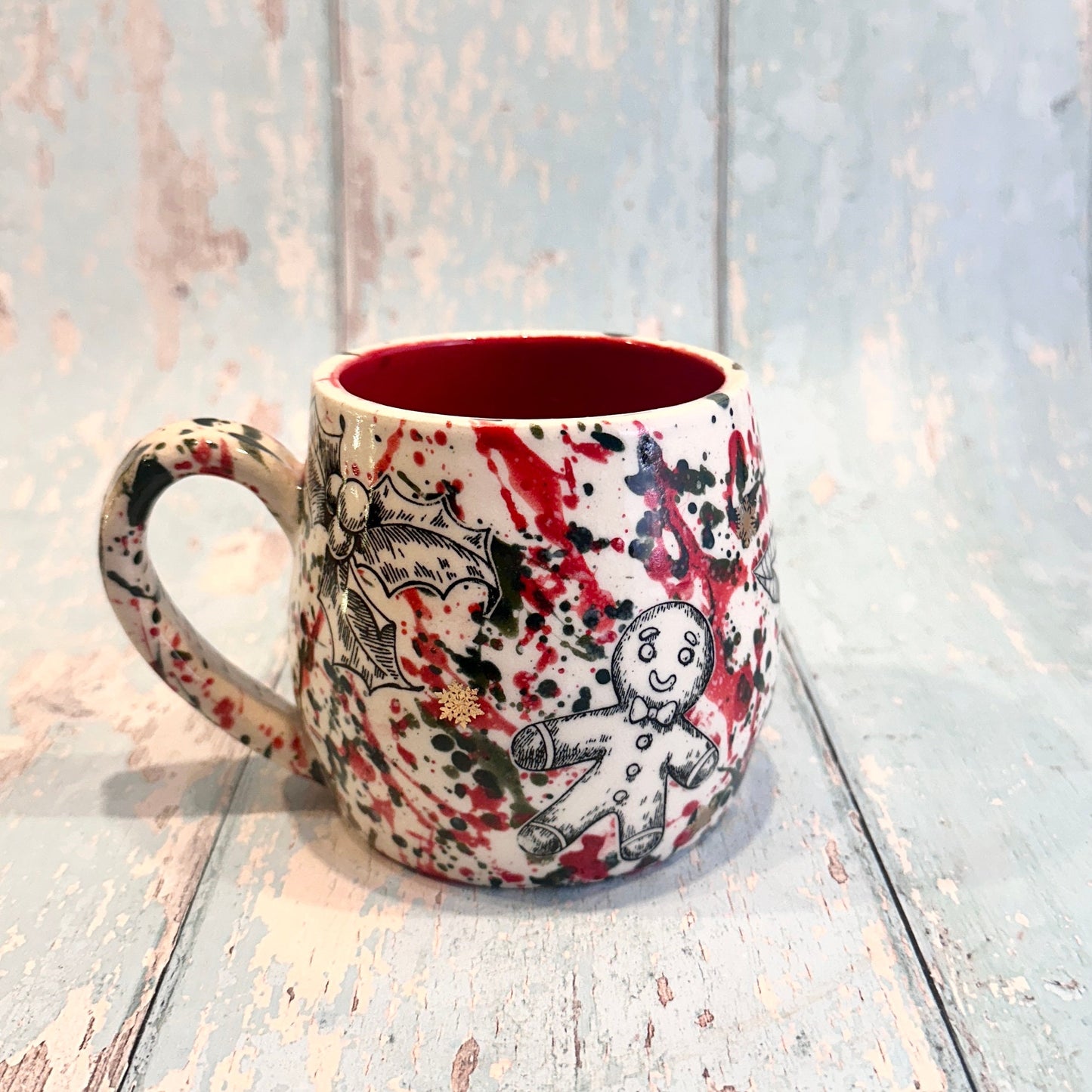 Large Christmas Mug, Handmade Ceramic Cup, Green Red Gold