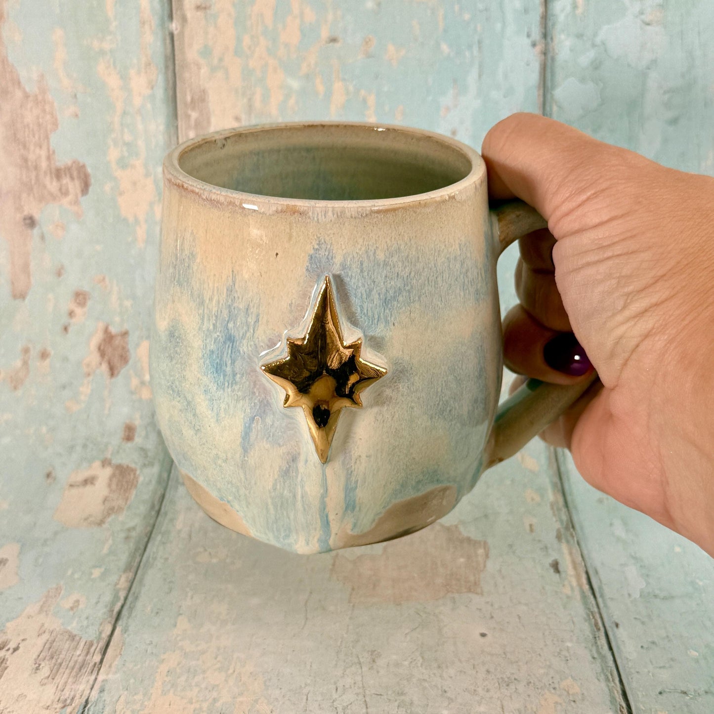 Blue and Gold Northern Star Mug, Handmade Ceramic Mug