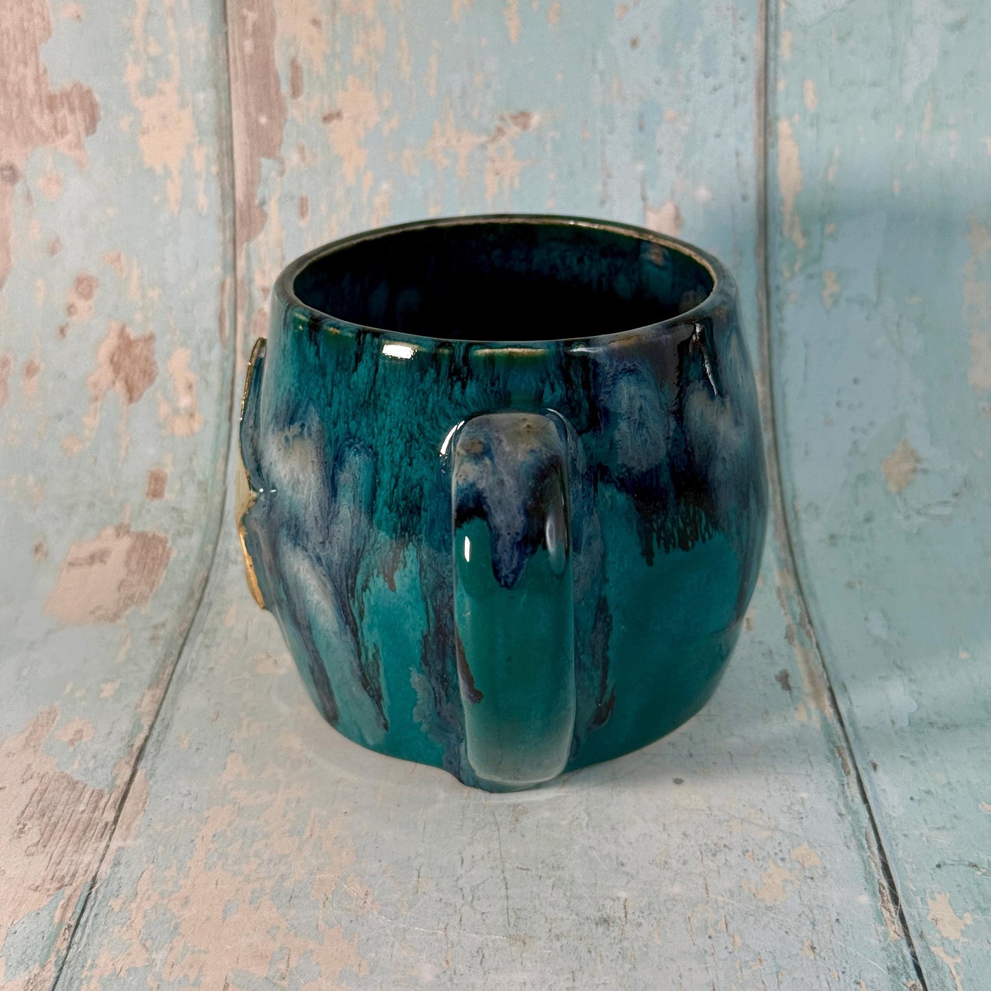 Turquoise and Black Gold Star Mug, Handmade Ceramic Mug