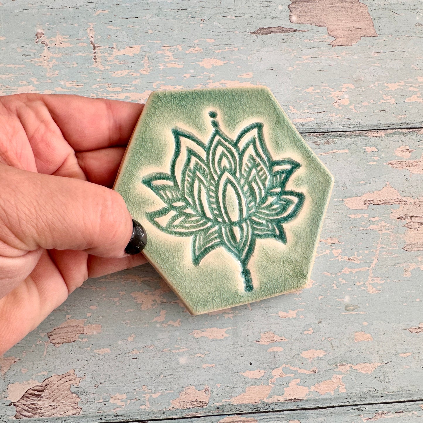 Turquoise Lotus Flower Coaster Handmade Ceramic