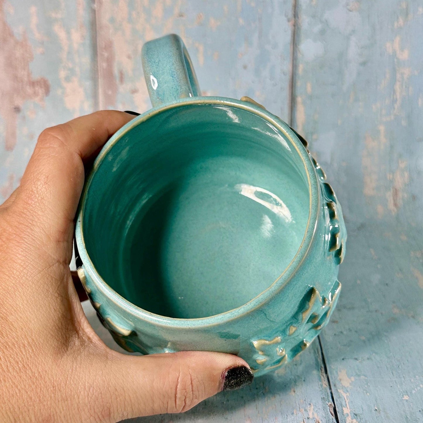 Turquoise Blue Christmas Snowflake Mug, Handmade Ceramic Cup