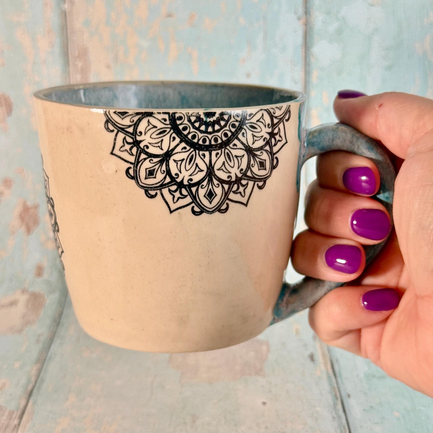 Turquoise Mandala Mug, Large Ceramic Cup