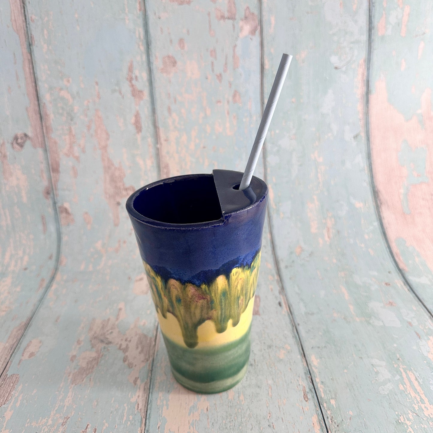 Blue, Yellow and Green Straw-holder Tumbler, Large Ceramic Cup