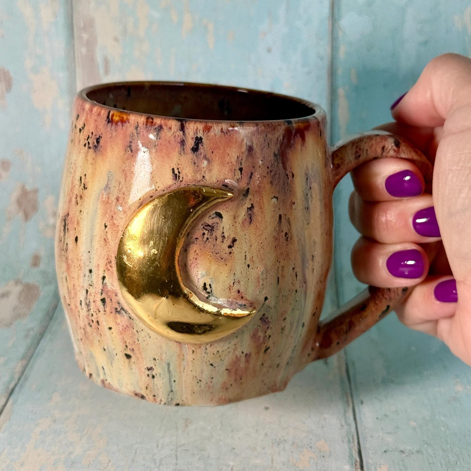 Beige Spotty Gold Moon Mug, Handmade Ceramic Mug - FJD Ceramics