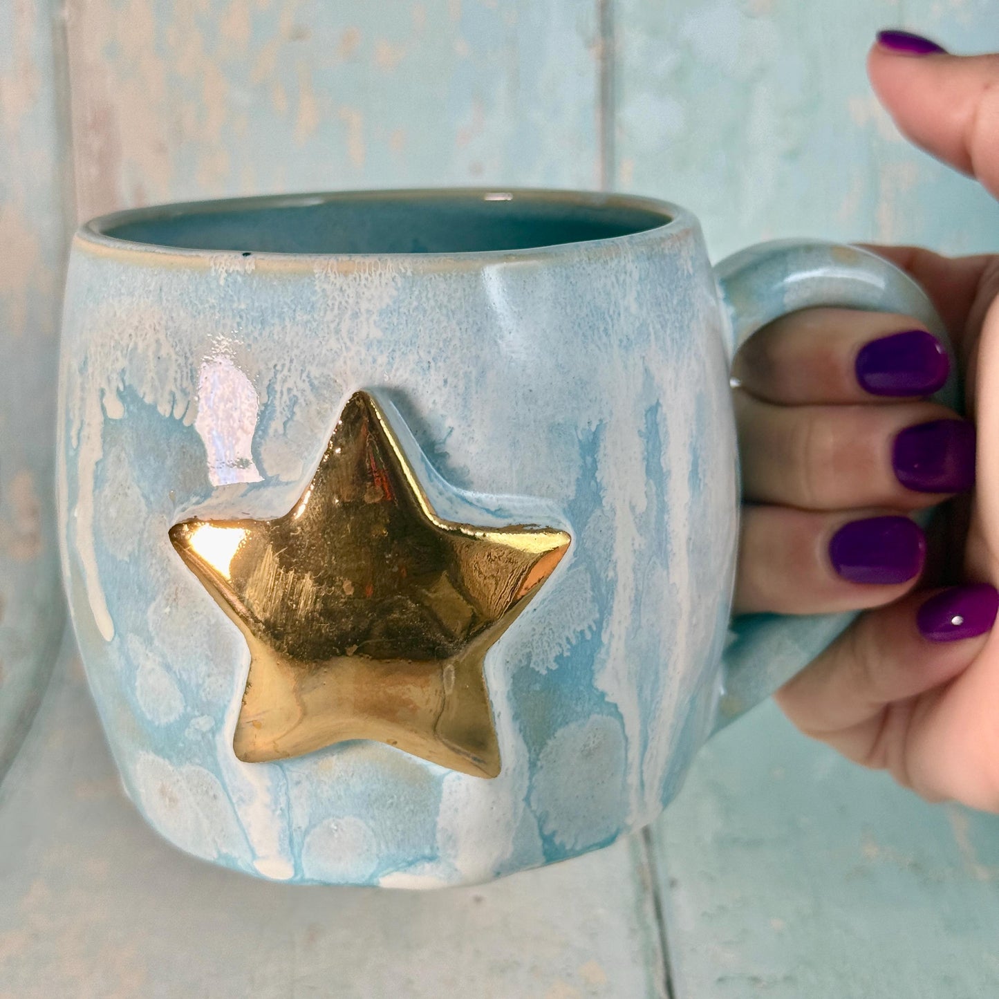 Blue Gold Star Mug, Handmade Ceramic Mug