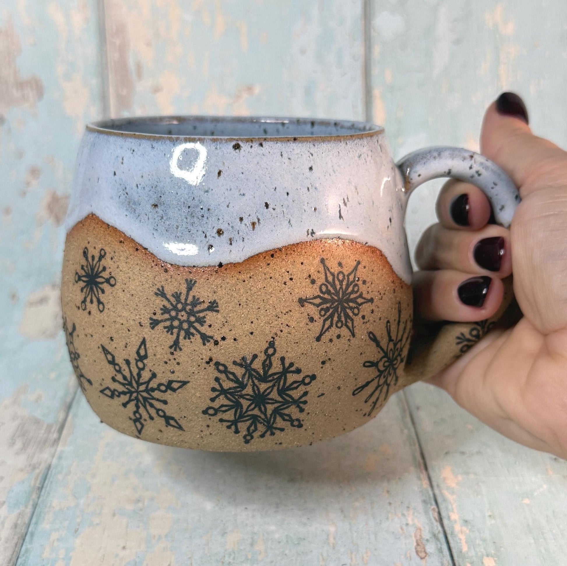 Black and Blue Christmas Snowflake Mug, Handmade Ceramic Cup - FJD Ceramics