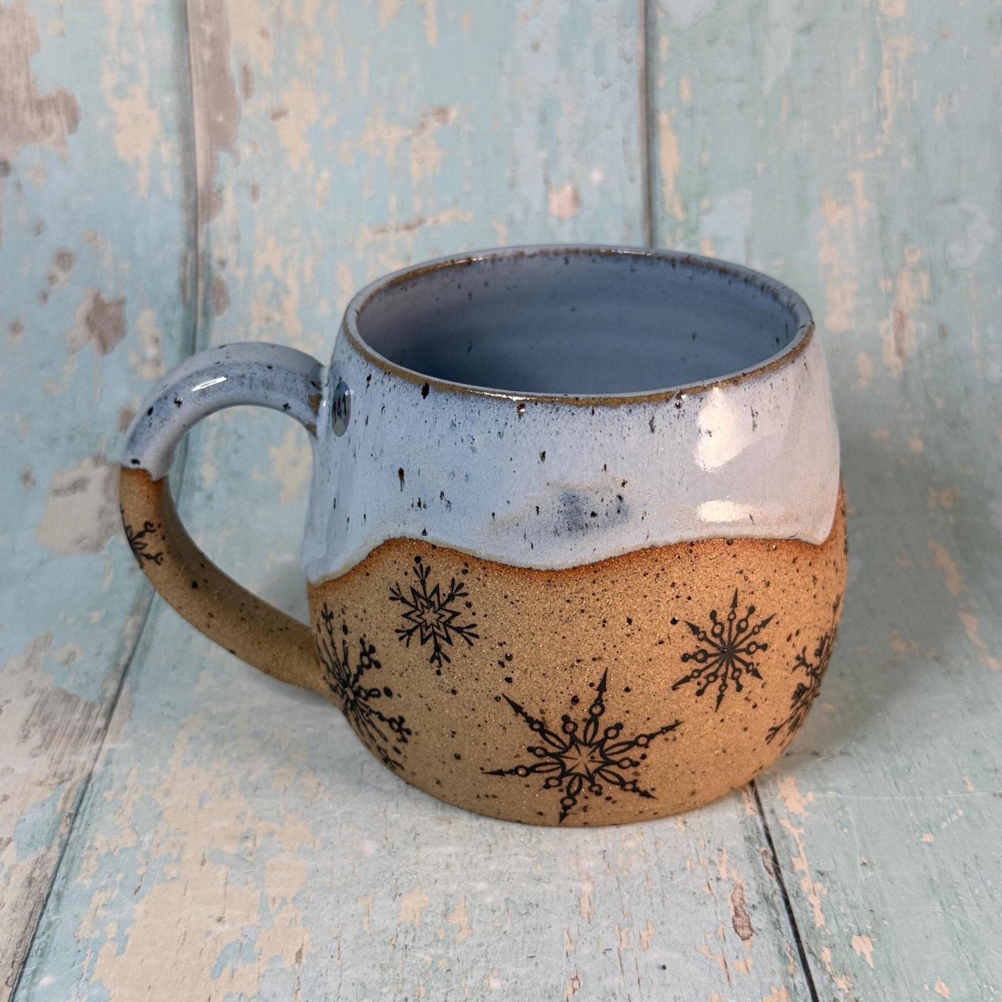 Black and Blue Christmas Snowflake Mug, Handmade Ceramic Cup - FJD Ceramics