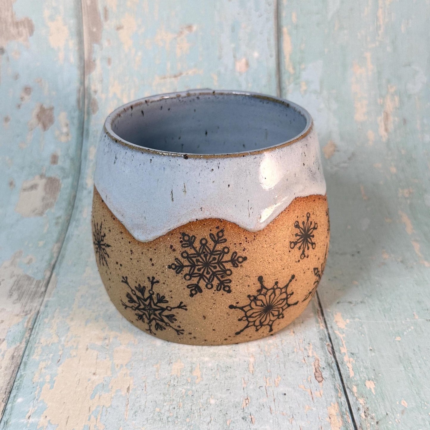 Black and Blue Christmas Snowflake Mug, Handmade Ceramic Cup - FJD Ceramics