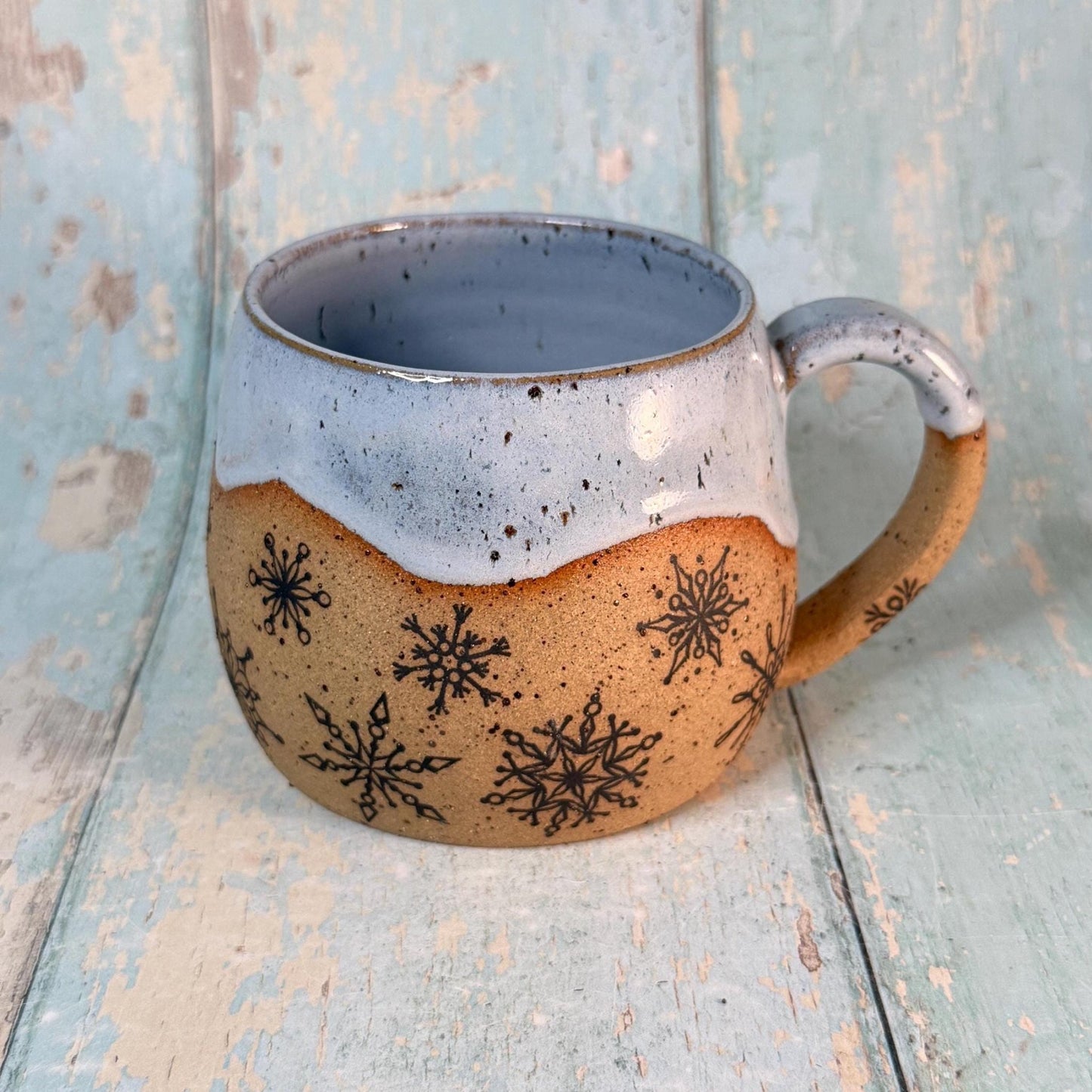 Black and Blue Christmas Snowflake Mug, Handmade Ceramic Cup - FJD Ceramics