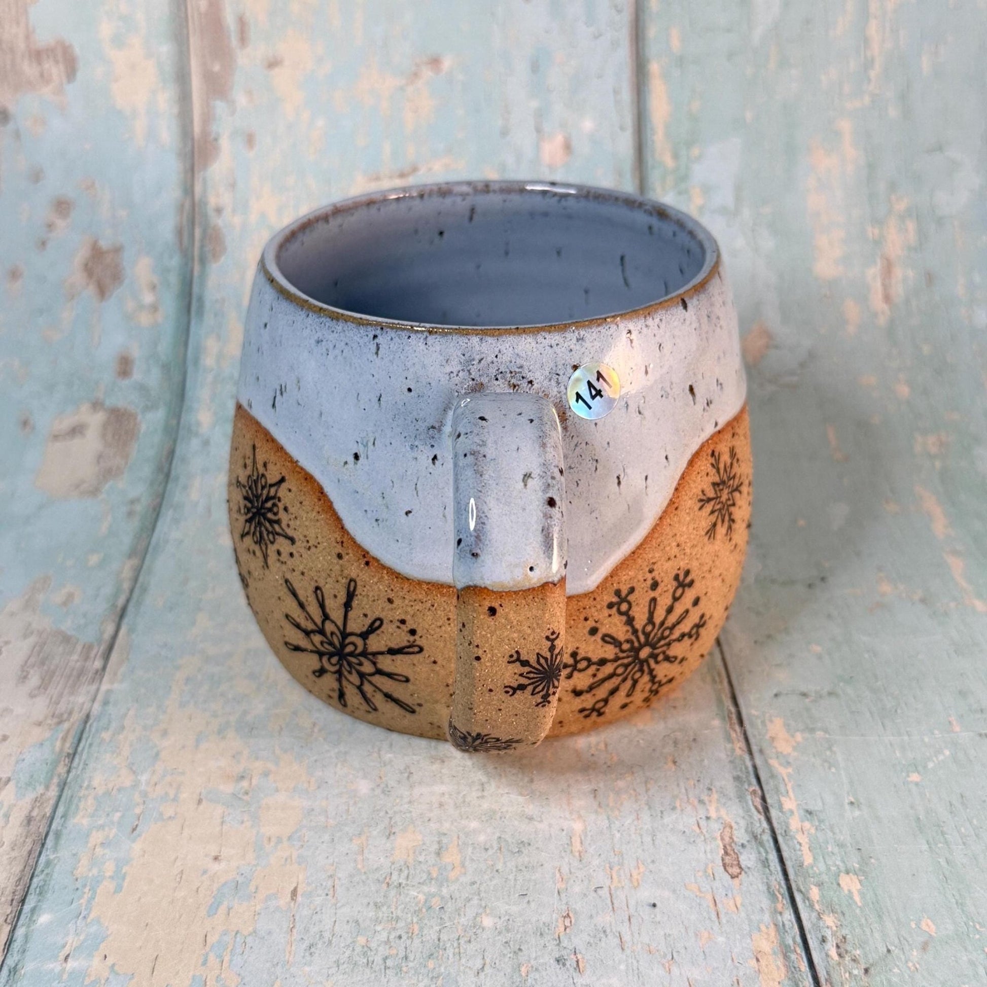 Black and Blue Christmas Snowflake Mug, Handmade Ceramic Cup - FJD Ceramics