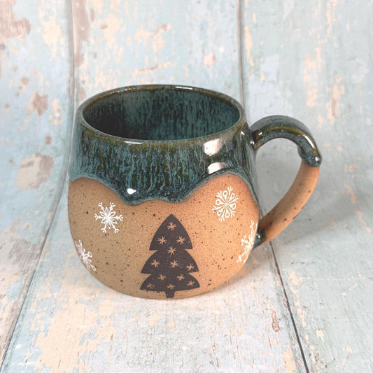 Black and Green Christmas Tree Mug, Handmade Ceramic Cup - FJD Ceramics
