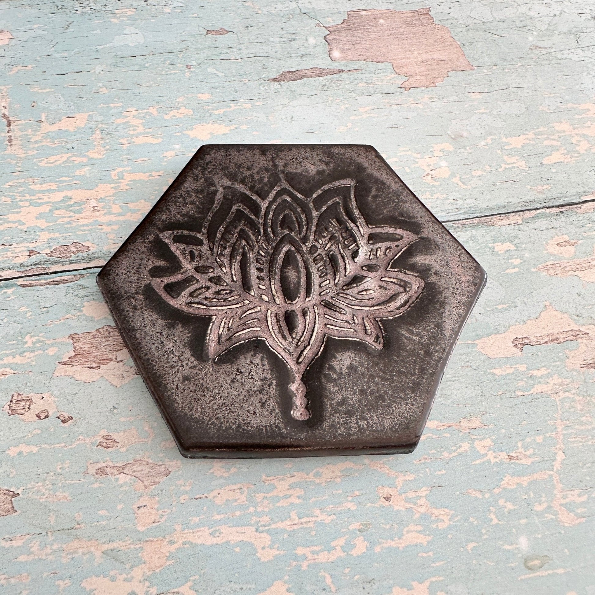 Black and Silver Lotus Flower Coaster Handmade Ceramic - FJD Ceramics