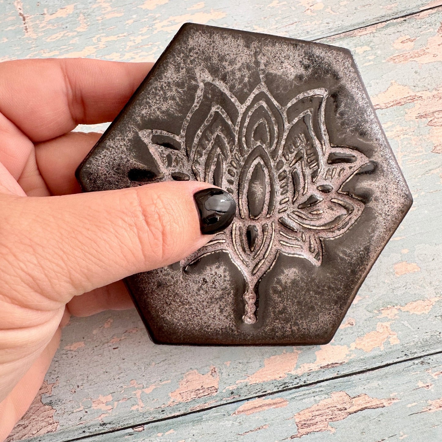 Black and Silver Lotus Flower Coaster Handmade Ceramic - FJD Ceramics