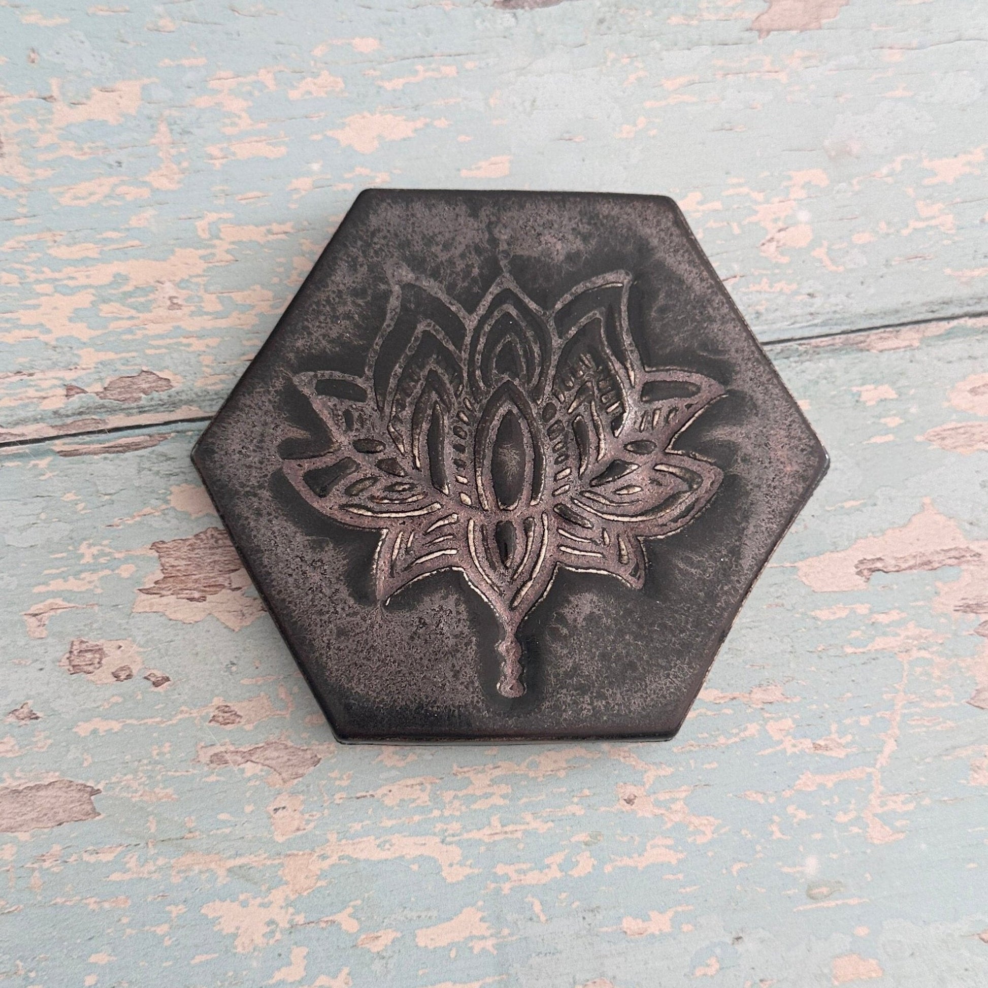 Black and Silver Lotus Flower Coaster Handmade Ceramic - FJD Ceramics