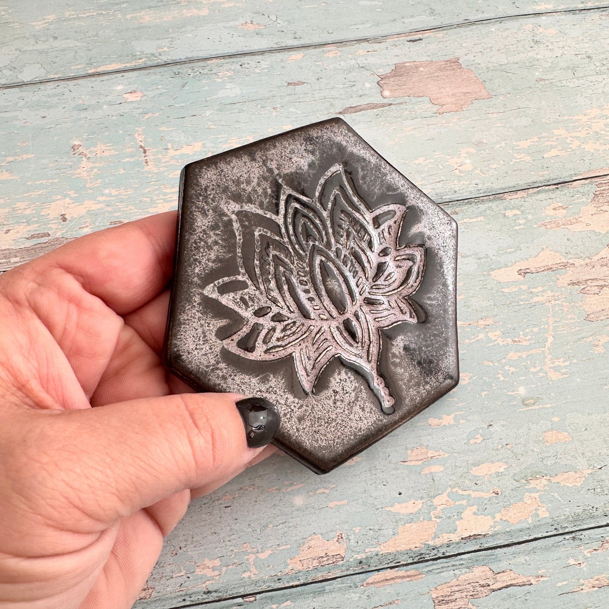 Black and Silver Lotus Flower Coaster Handmade Ceramic - FJD Ceramics