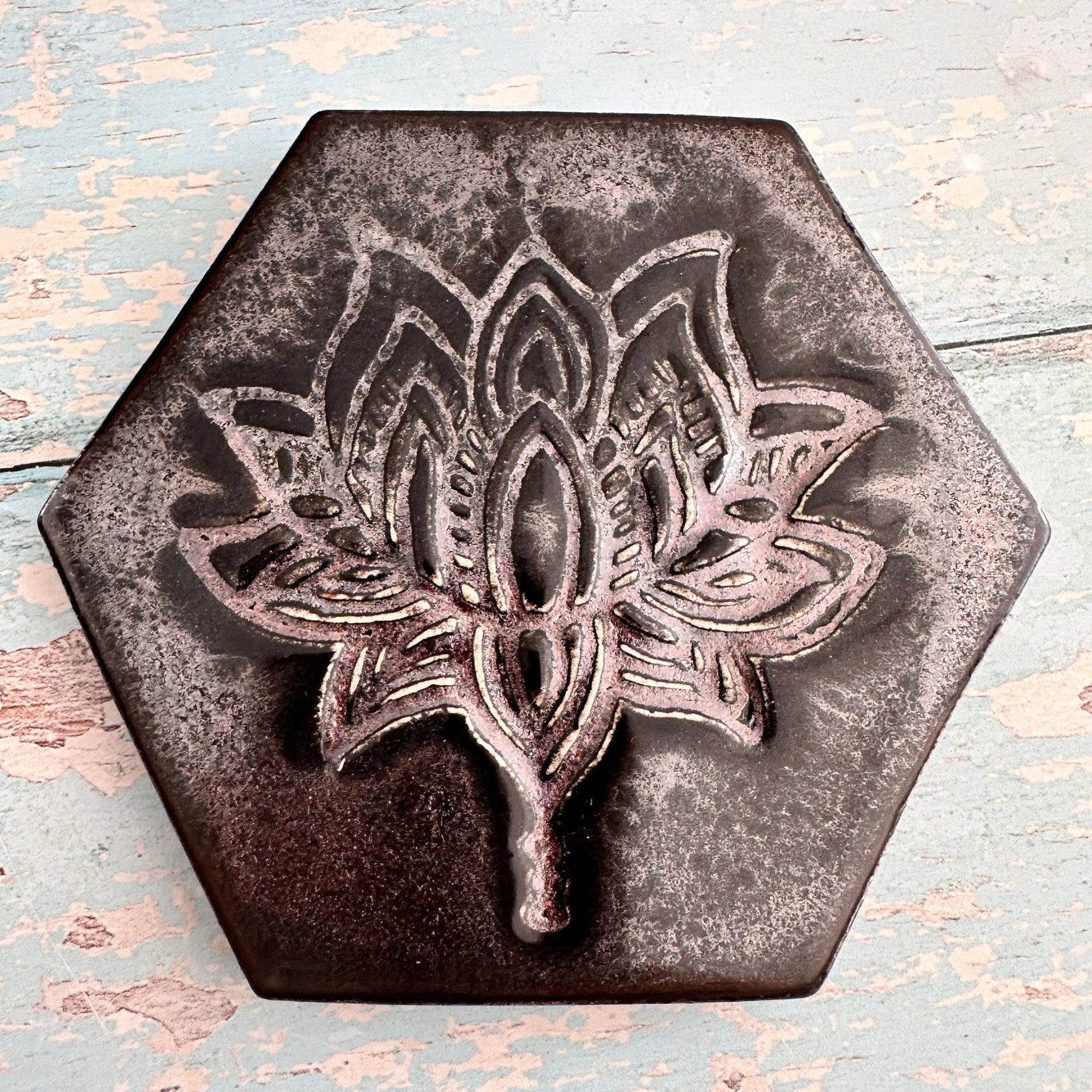 Black and Silver Lotus Flower Coaster Handmade Ceramic - FJD Ceramics