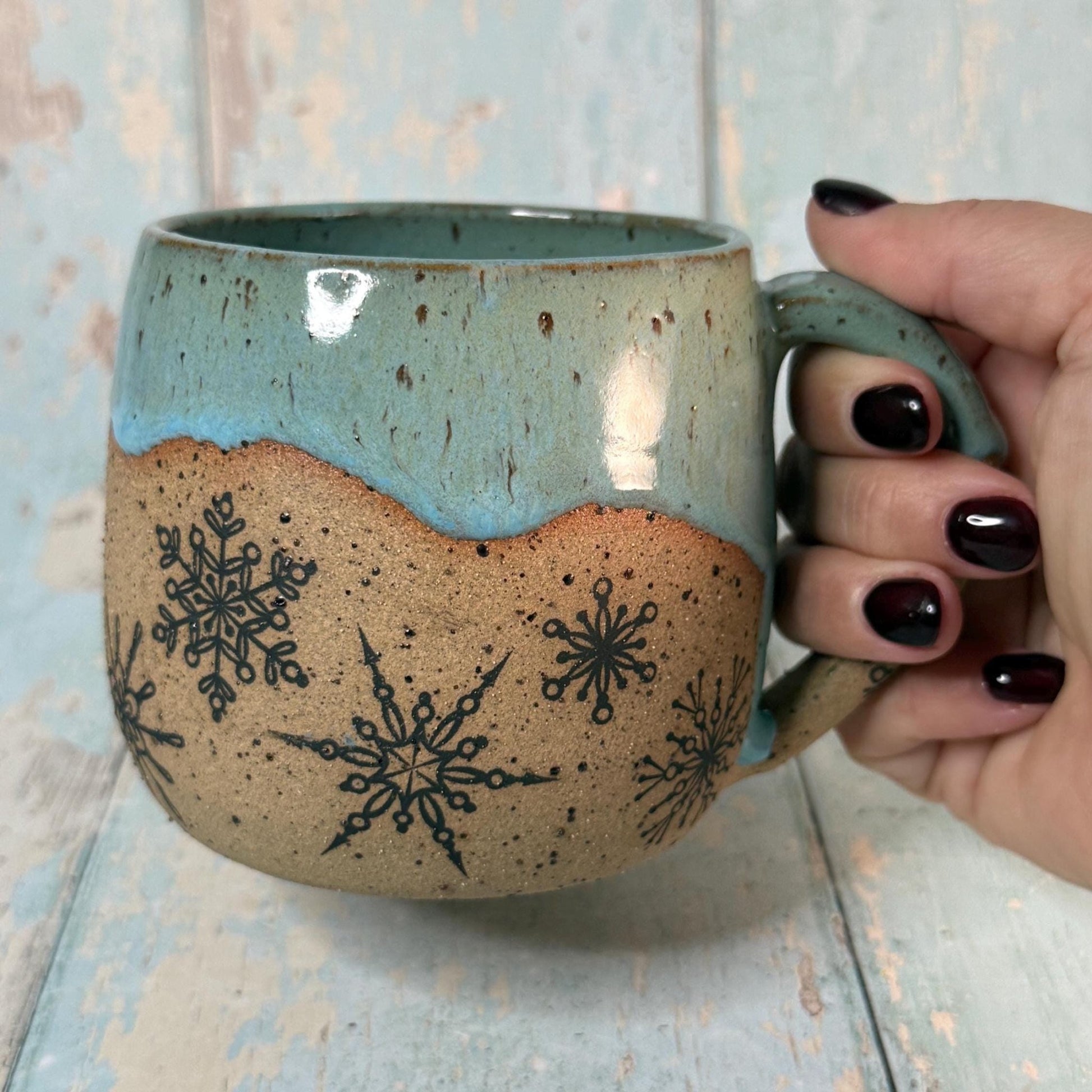 Black and Turquoise Christmas Snowflake Mug, Handmade Ceramic Cup - FJD Ceramics