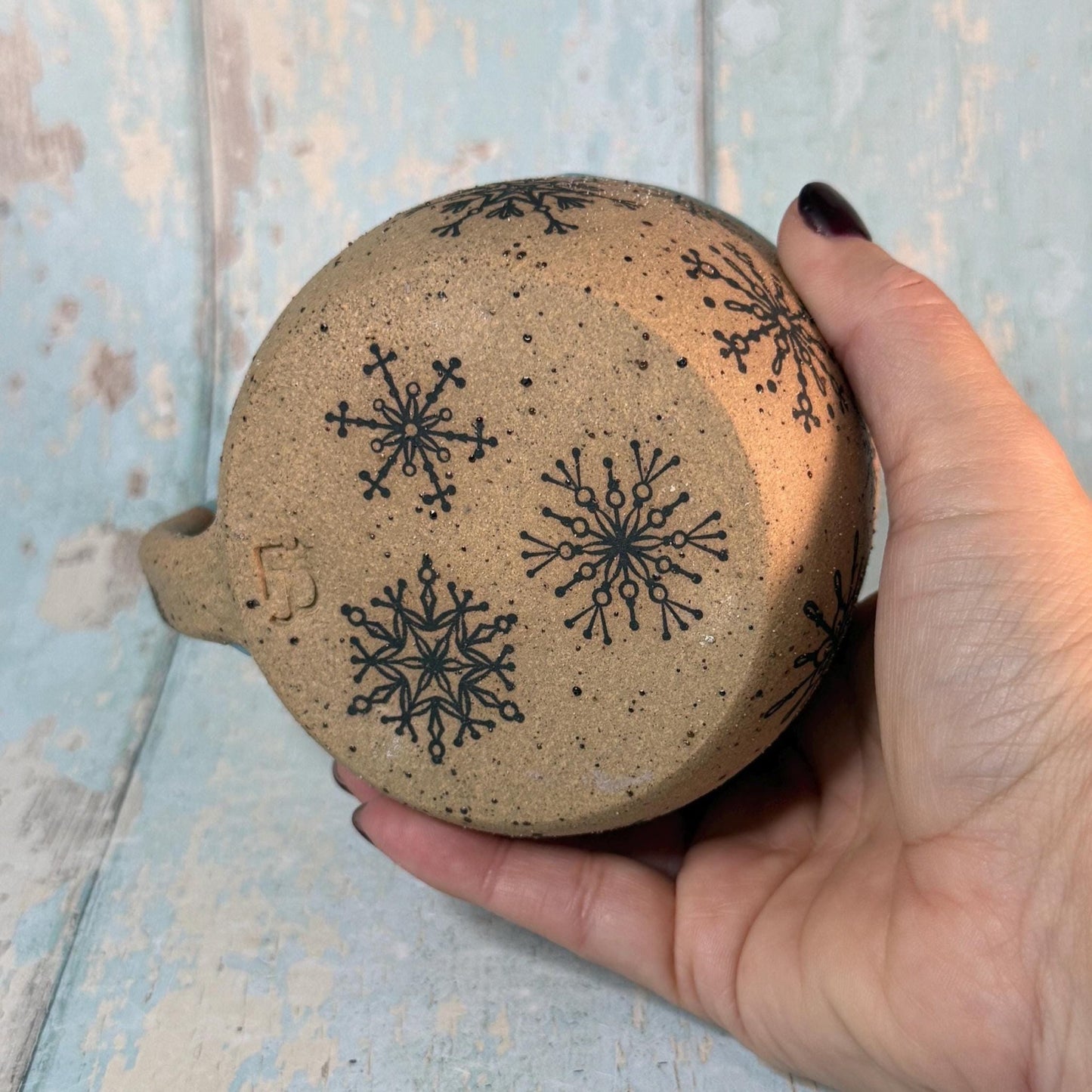 Black and Turquoise Christmas Snowflake Mug, Handmade Ceramic Cup - FJD Ceramics