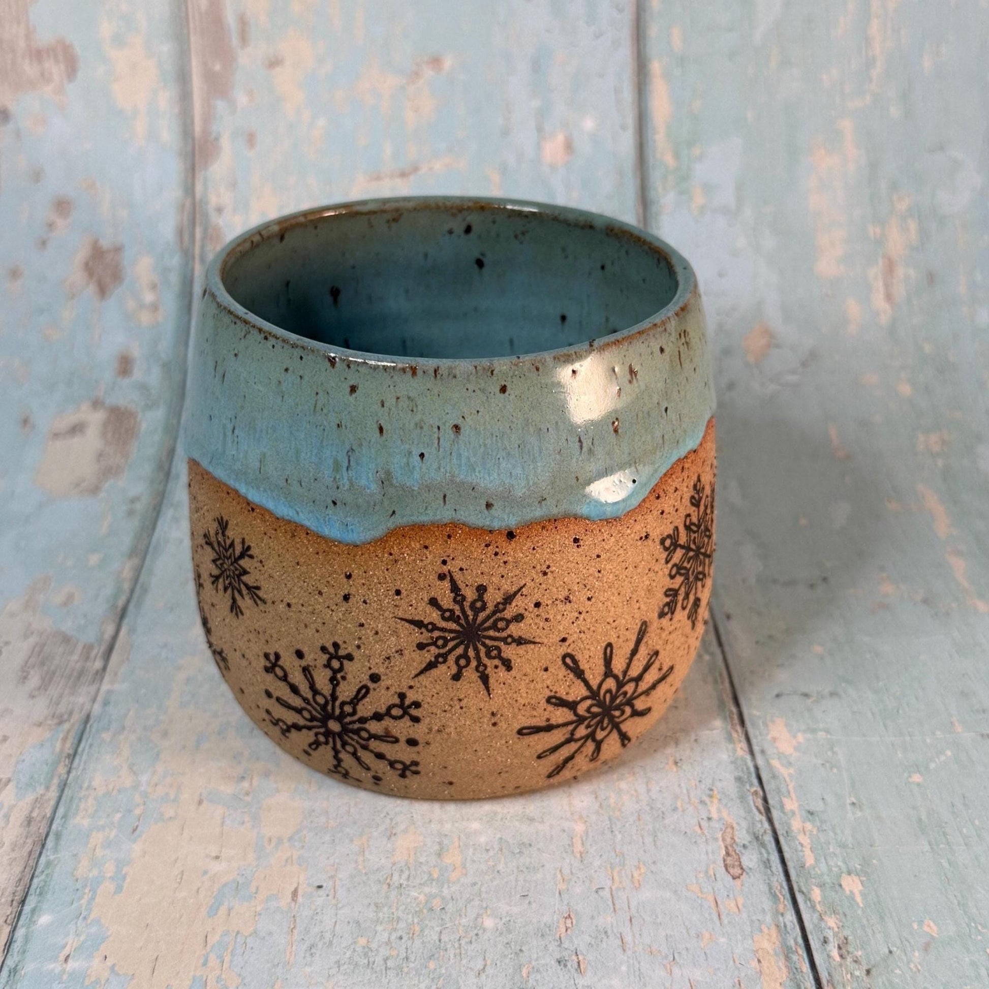 Black and Turquoise Christmas Snowflake Mug, Handmade Ceramic Cup - FJD Ceramics
