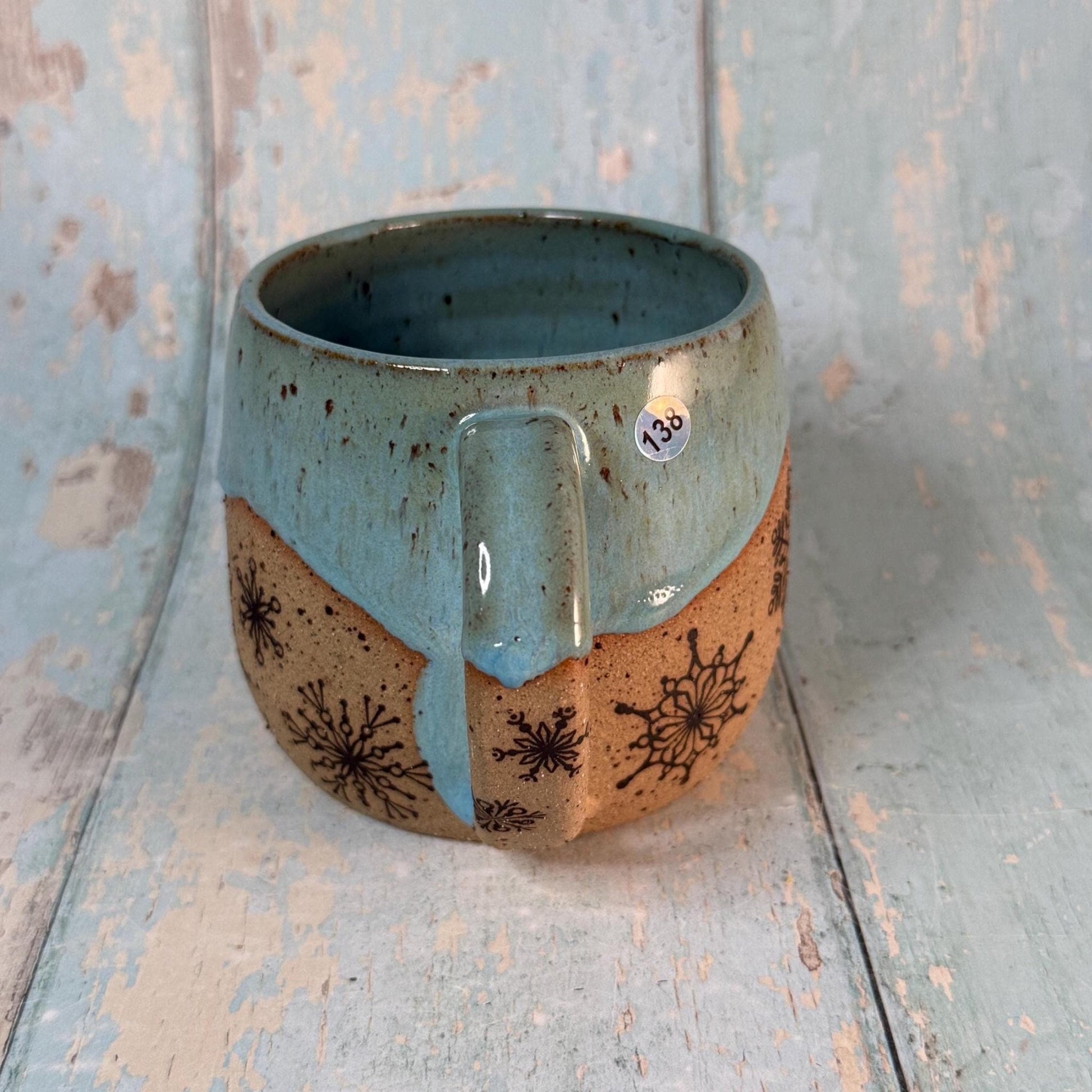 Black and Turquoise Christmas Snowflake Mug, Handmade Ceramic Cup - FJD Ceramics