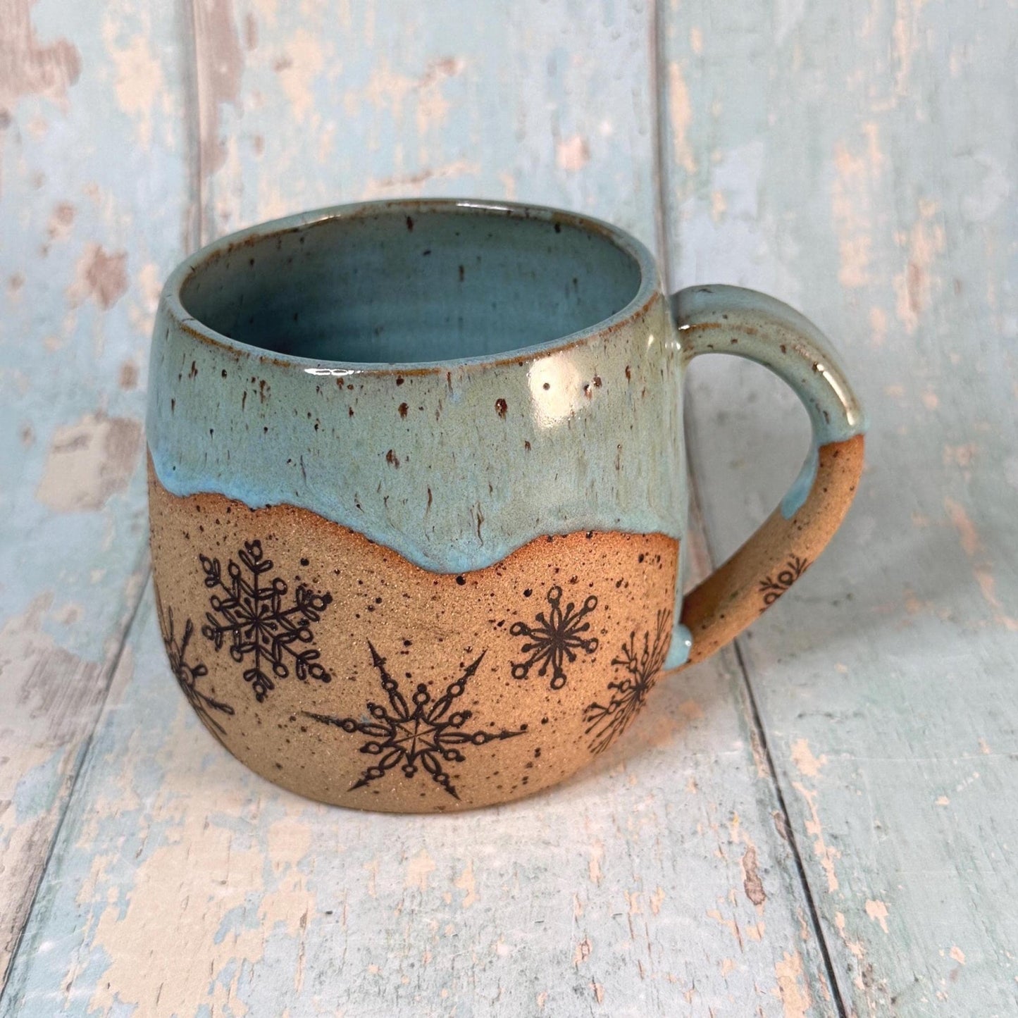 Black and Turquoise Christmas Snowflake Mug, Handmade Ceramic Cup - FJD Ceramics