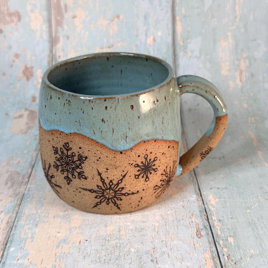 Black and Turquoise Christmas Snowflake Mug, Handmade Ceramic Cup - FJD Ceramics