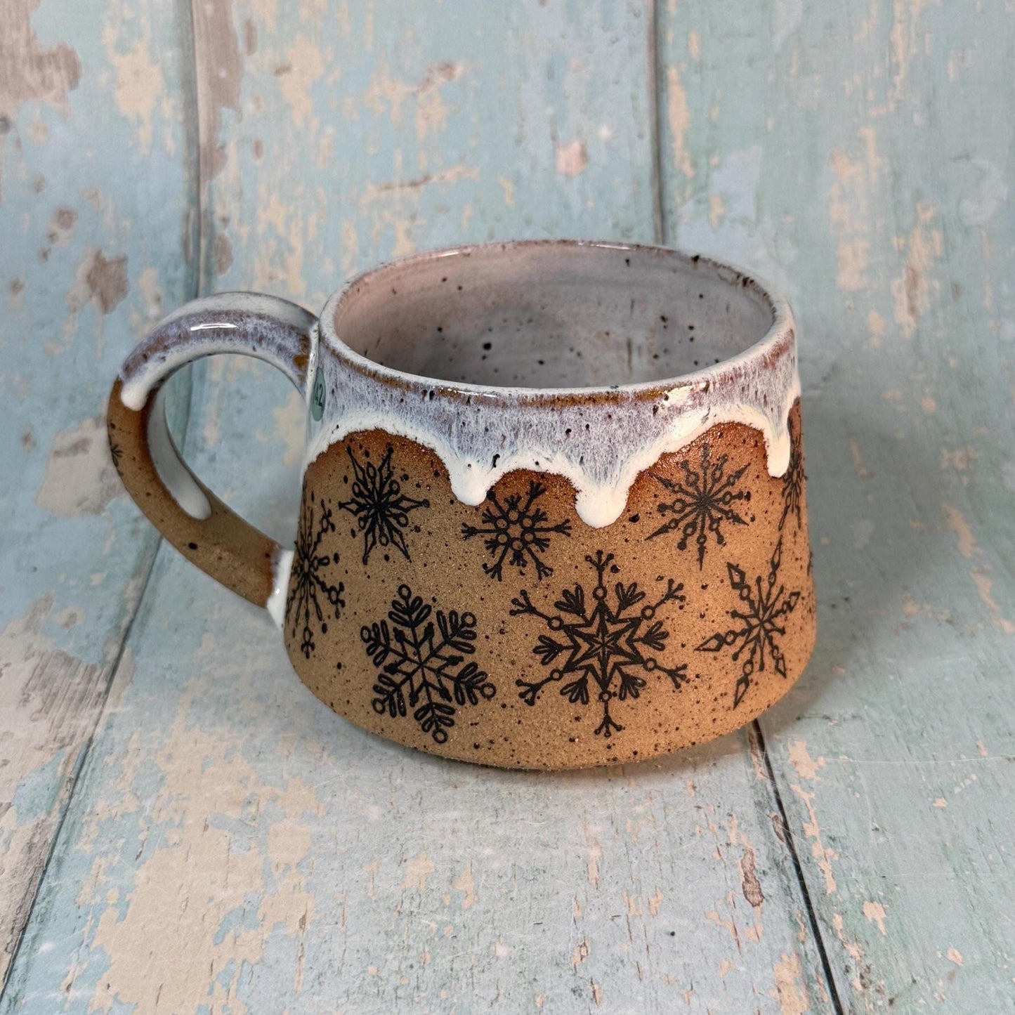 Black and White Christmas Snowflake Mug, Handmade Ceramic Cup - FJD Ceramics