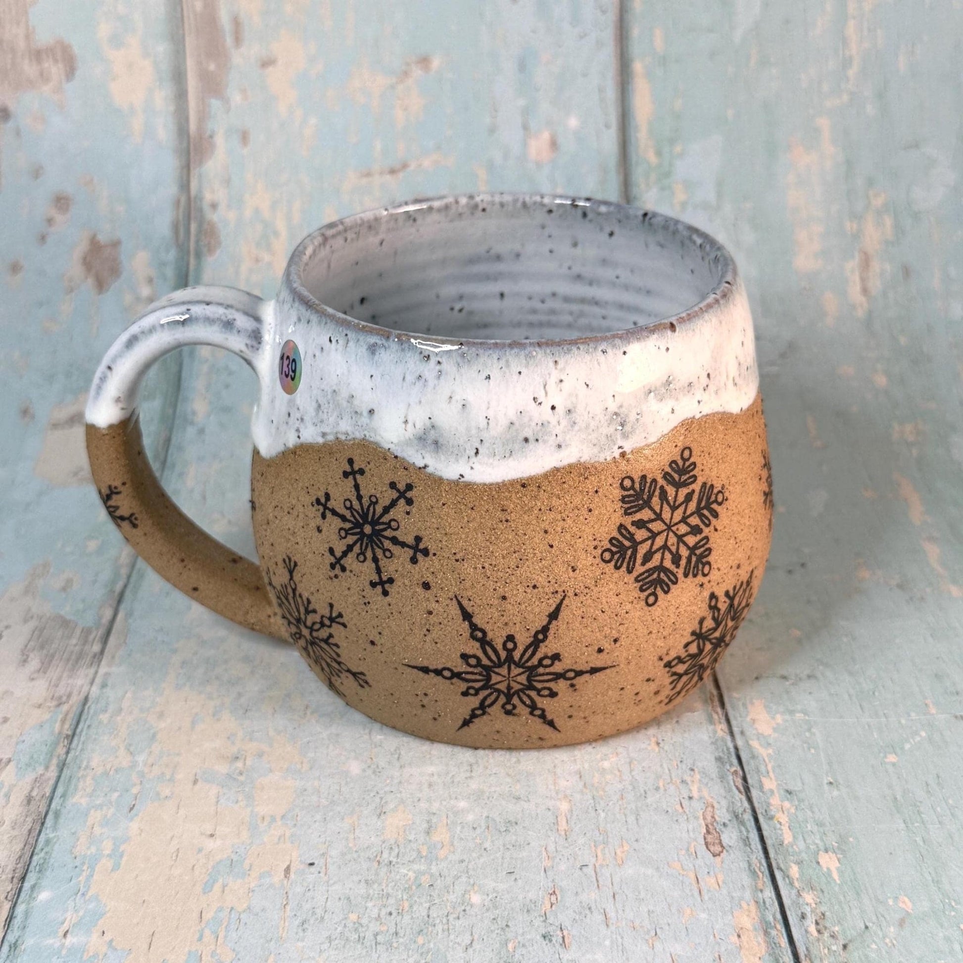 Black and White Christmas Snowflake Mug, Handmade Ceramic Cup - FJD Ceramics
