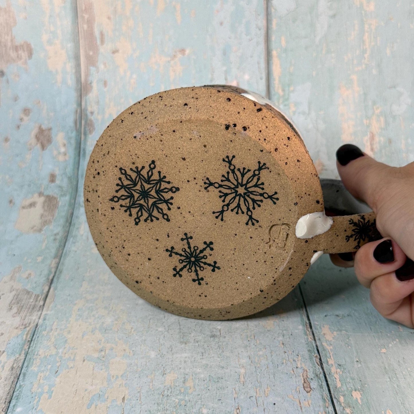 Black and White Christmas Snowflake Mug, Handmade Ceramic Cup - FJD Ceramics