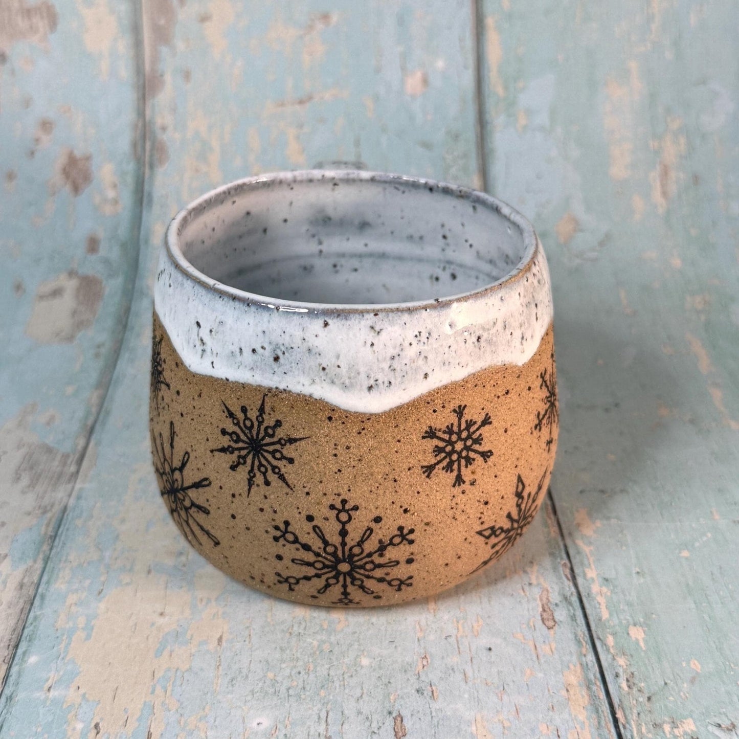 Black and White Christmas Snowflake Mug, Handmade Ceramic Cup - FJD Ceramics